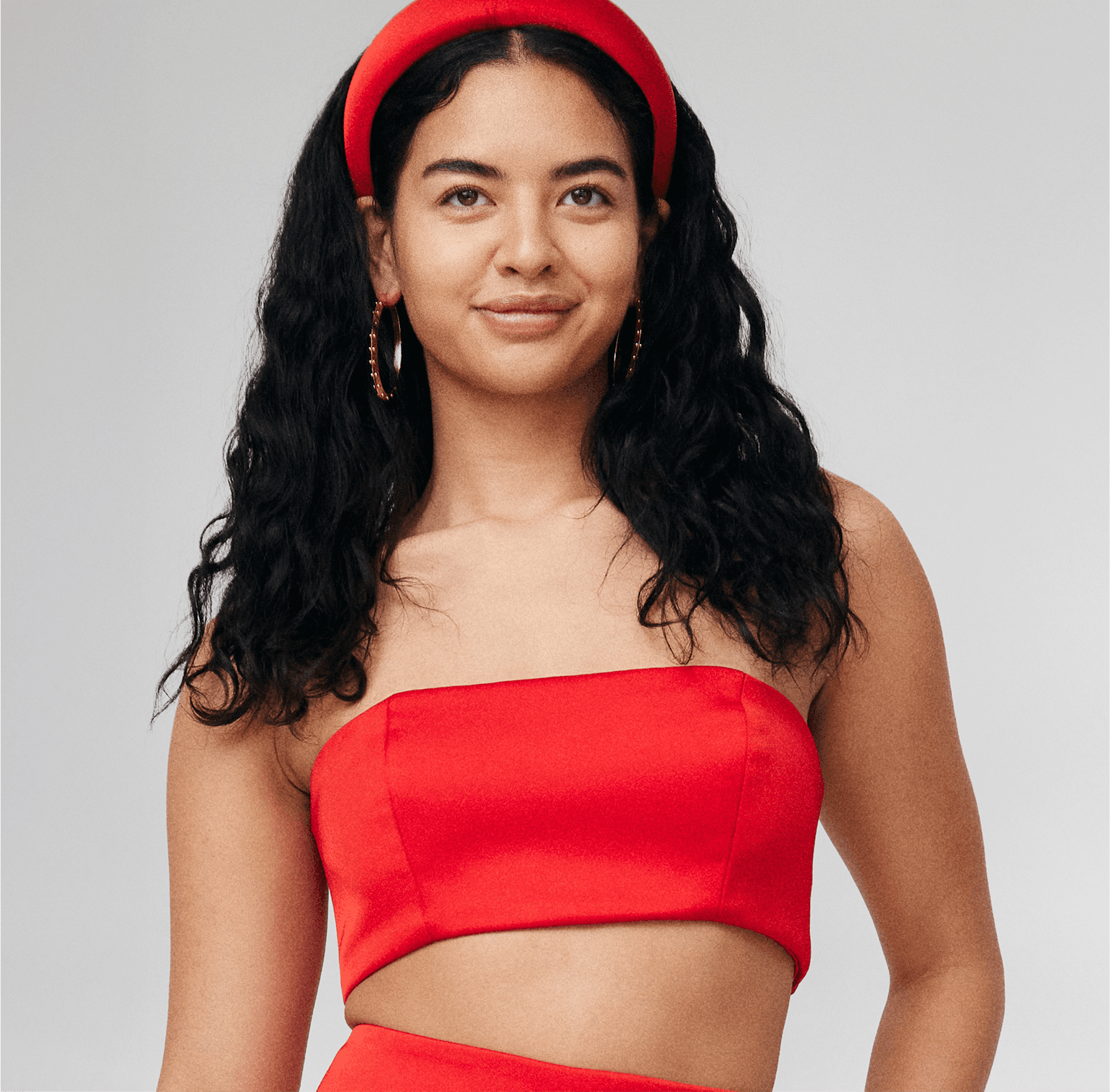 red cropped recycled polyester satin bandeau set